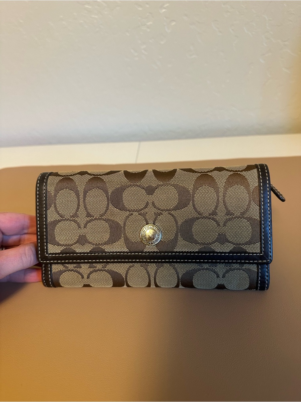 Coach Brown Signature Canvas Continental Wallet with Leather Trim